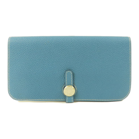 HERMES PHW Dogon MM Long Wallet Clemence Leather Blue Jeans