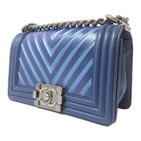 CHANEL Herringbone CC SHW Le Boy Chain Shoulder Calfskin Leather Neon Blue Green