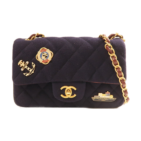 CHANEL CC GHW Charms Mini Rect Chain Shoulder Bag Wool Navy Blue