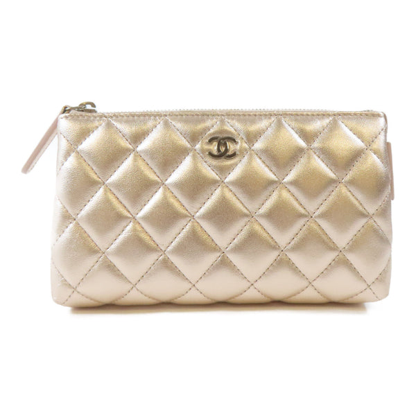 CHANEL Quilted CC SHW Pouch Cosmetic Bag Lambskin Leather Pink