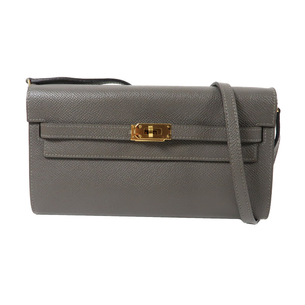 HERMES GHW Kelly To Go Wallet Shoulder Bag H080253CC Epsom Leather Etain Grey