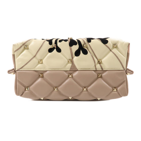 Valentino GHW 2 Way Shoulder Handbag Calfskin Leather Beige