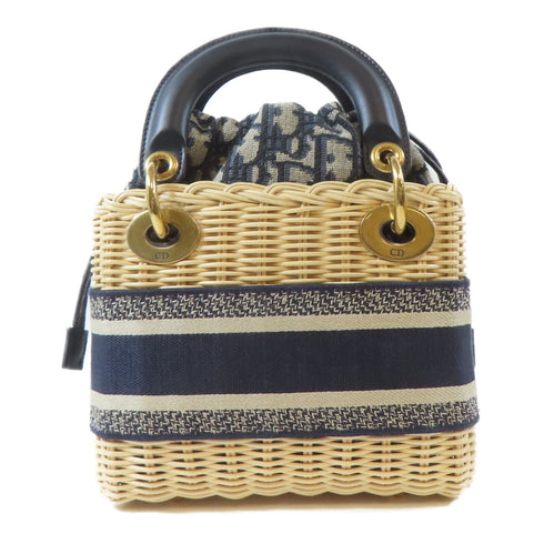 Christian Dior CD GHW Mini Dioriviera Lady Dior Bag Rattan Canvas Blue Beige