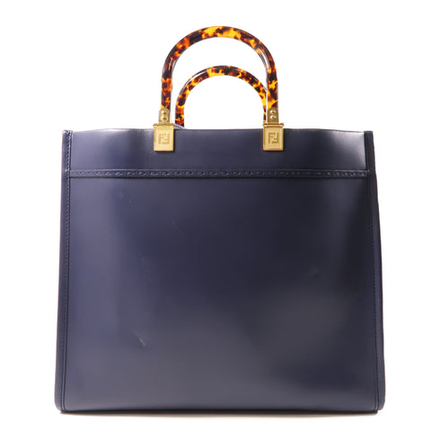 FENDI GHW Sunshine Tote 2 Way Bag 8BH386 Calfskin Leather Navy