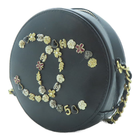 CHANEL CC GHW Round Chain Shoulder Bag Lambskin Leather Black