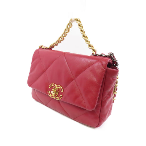CHANEL Quilted CC GHW C19 Chain Shoulder Bag Lambskin Leather Red