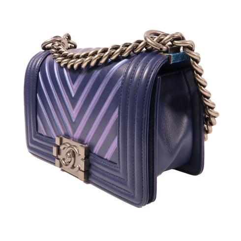 CHANEL CC SHW Boy 20 Chain Shoulder Bag Calfskin Leather Blue