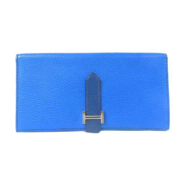HERMES PHW Bearn Long Wallet Bifold Chevre Leather Blue Hydra