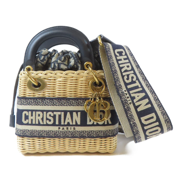 Christian Dior CD GHW Mini Dioriviera Lady Dior Bag Rattan Canvas Blue Beige