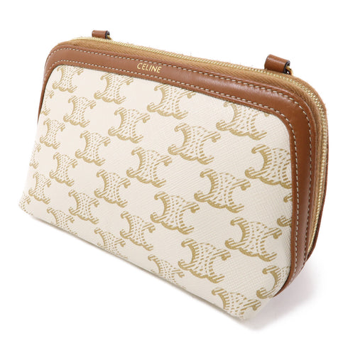 CELINE GHW Triomphe Chain Shoulder Bag Canvas Beige Brown