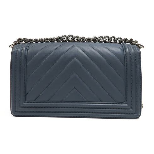 CHANEL CC SHW Boy 25 Chain Shoulder Bag Calfskin Leather Grey Blue