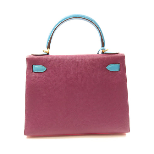 HERMES GHW Kelly 28 2Way Shoulder Hand Bag Chevre Leather Pink/Purple/Blue