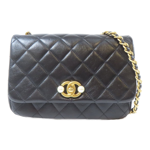 CHANEL Quilted CC GHW Pearl Flap Bag Chain Shoulder Bag Calfskin Leather Black