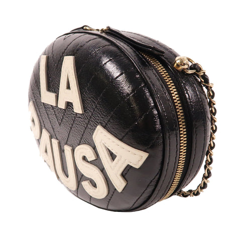 CHANEL Herringbone CC GHW La Pausa Chain Shoulder Bag Calfskin Leather Black