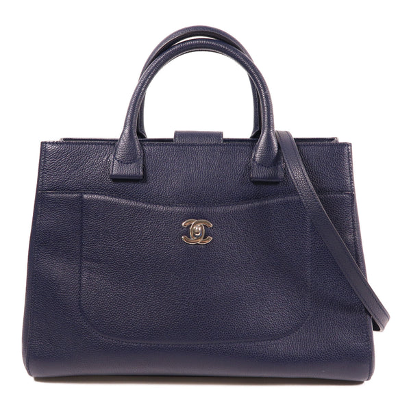CHANEL CC SHW Neo Executive Tote 2Way Shoulder Handbag Calfskin Leather Navy