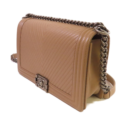 CHANEL Herringbone SHW Boy Chanel 28cm Chain Shoulder Bag Lambskin Leather Brown