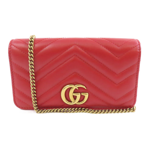 GUCCI GHW GG Marmont Chain Shoulder Bag 488426 Calfskin Leather Red