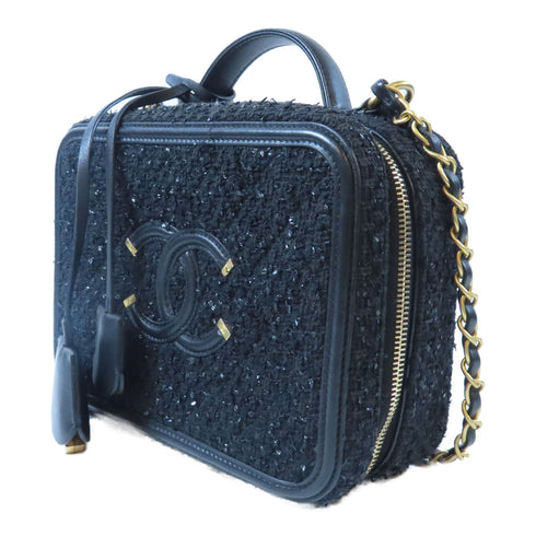 CHANEL Quilted CC GHW Vanity Case 2 Way Chain Shoulder Bag Tweed Black