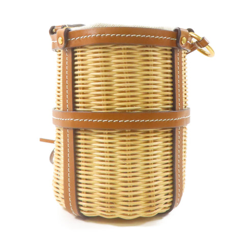 TORY BURCH GHW Miller Wicker Bucket Shoulder Bag Rattan/Leather Brown