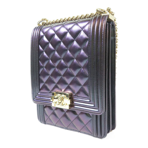CHANEL Quilted CC GHW Boy Chain Shoulder Bag Calfskin Leather Purple