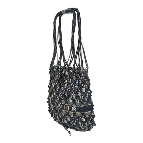 Dior Net Tote Bag Calfskin Leather Nylon Navy Black