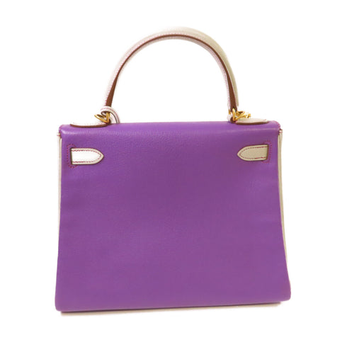 HERMES GHW Kelly 28 Hand Shoulder Bag Clemence Leather 9P Parme 8U Bleu Glacier