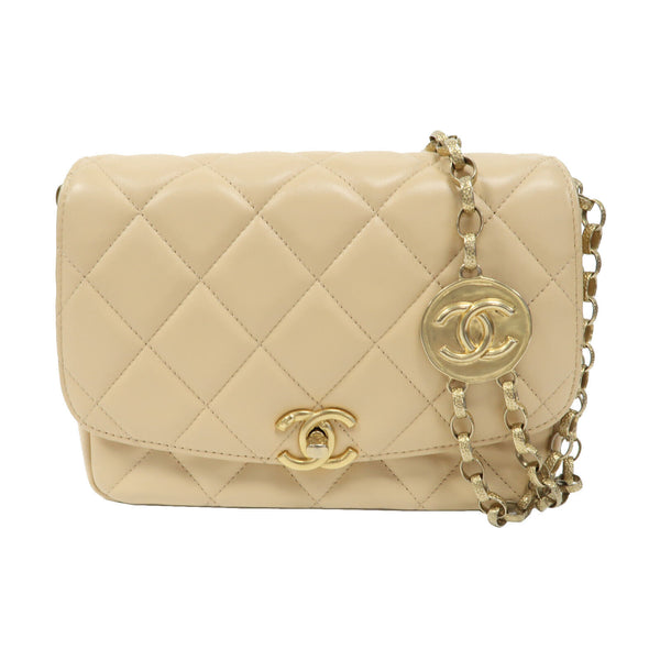 CHANEL Quilted CC GHW Coin Chain Flap Shoulder Bag Lambskin Leather Beige