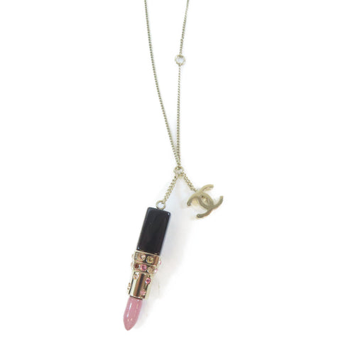 CHANEL CC Necklace Metal Crystal Gold Pink Black #60cm