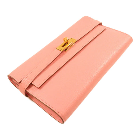 HERMES GHW Kelly Long Wallet Chevre Leather Pink