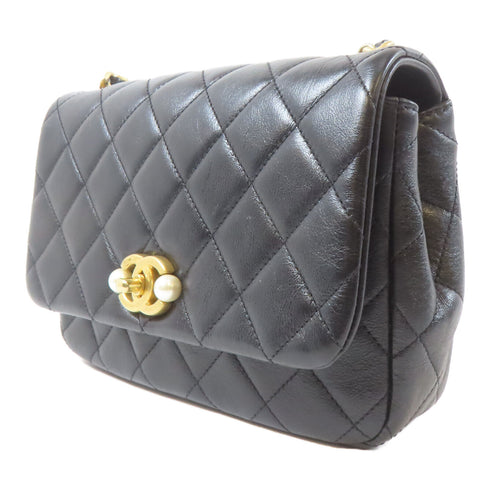 CHANEL Quilted CC GHW Pearl Flap Bag Chain Shoulder Bag Calfskin Leather Black
