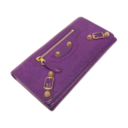 BALENCIAGA GHW City Long Wallet Lambskin Leather Purple