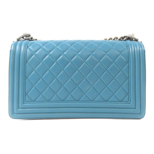 CHANEL Quilted CC Boy 25 Shoulder Handbag Lambskin Leather Turquoise Blue