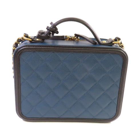 CHANEL Quilted CC Vanity Case Chain Hand Shoulder Bag Caviar Skin Leather Blue
