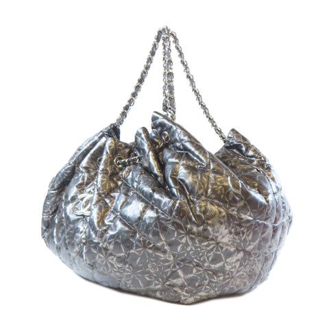 CHANEL Quilted CC SHW Shoulder Handbag Nylon Black Silver Gray