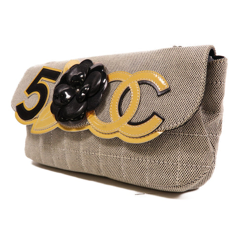 CHANEL CC SHW Camellia No.5 Chain Shoulder Bag Canvas Grey/Yellow