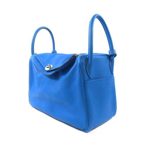HERMES PHW Lindy 30 2 Way Shoulder Bag Evercolor Leather Bleu Hydra Blue