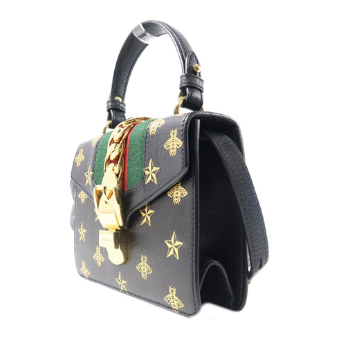 GUCCI GG GHW Sylvie 2 Way Shoulder Bag Handbag 470270 Calfskin Leather Black