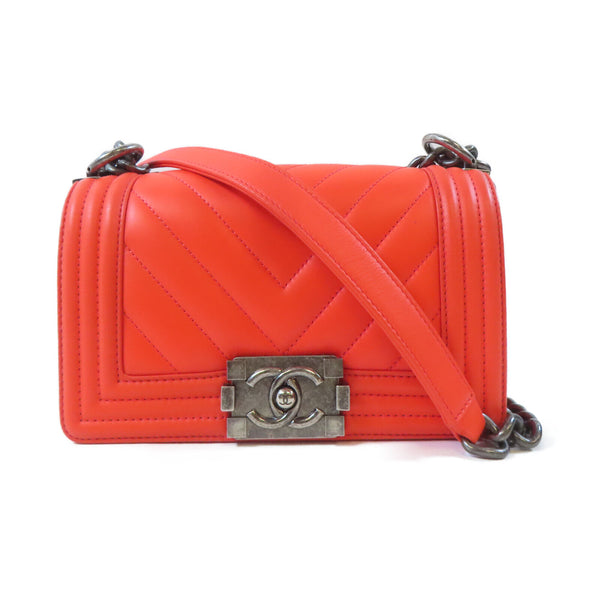 CHANEL Herringbone CC SHW Boy Chanel Chain Shoulder Bag Calfskin Leather Orange