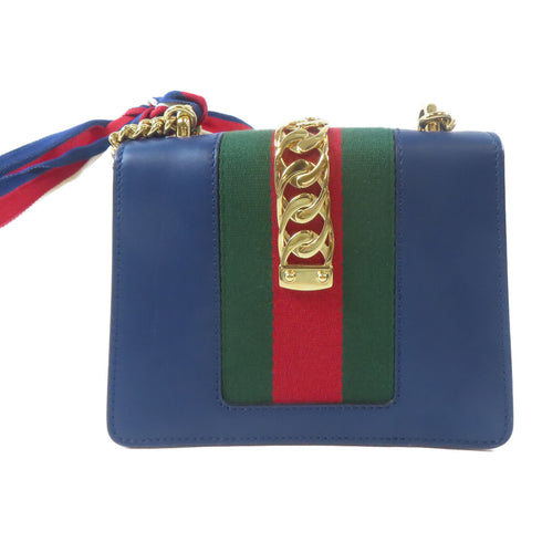 GUCCI GG GHW Sylvie Mini Bag Chain Shoulder Bag 431666 Calfskin Leather Blue