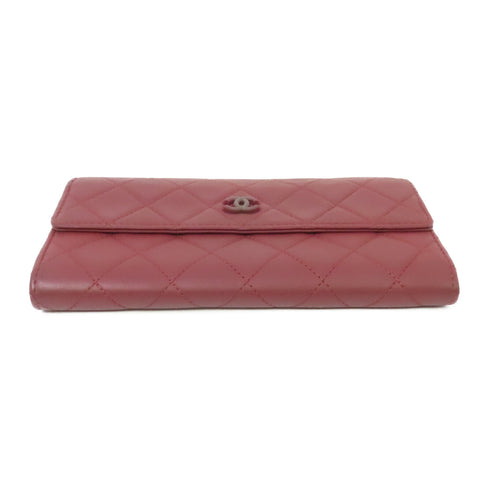 CHANEL Quilted CC SHW Long Wallet Calfskin Leather Red