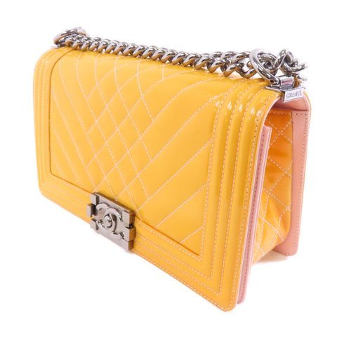 CHANEL CC SHW Boy 25 Chain Shoulder Bag Patent Leather Yellow