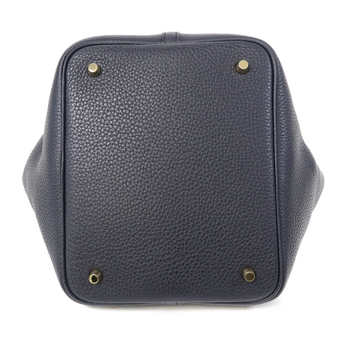 HERMES GHW Picotin MM Hand Bag/Bucket Tote Bag Clemence Leather Midnight/Orange