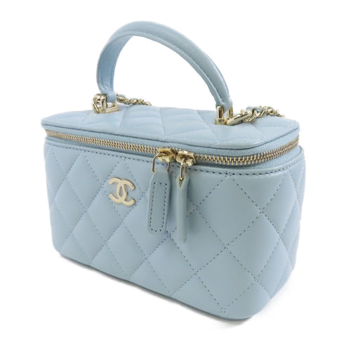 CHANEL Quilted CC GHW Vanity Case Chain Shoulder Bag Calfskin Leather Light Blue