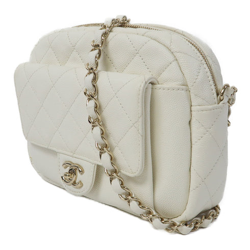 CHANEL Quilted CC GHW Chain Shoulder Bag Caviar Leather White