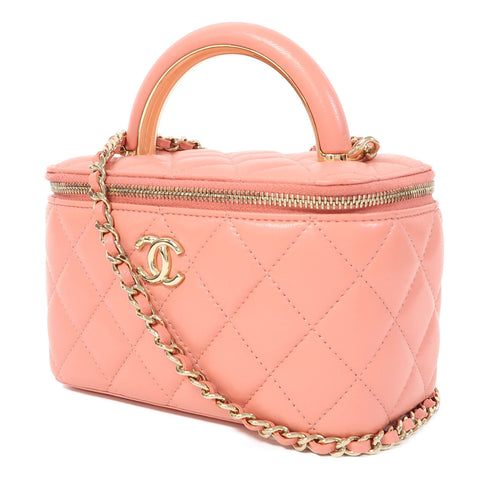 CHANEL Quilted CC GHW 2 Way Chain Shoulder Vanity Case Lambskin Leather Pink