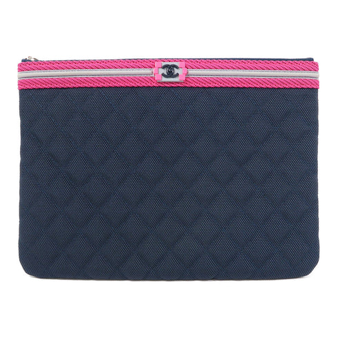 CHANEL Quilted CC SHW Clutch Bag Pouch Canvas Blue