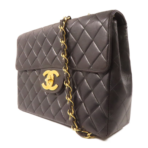 CHANEL Black Diamond style cowhide leather Vintage Shoulder Bag Golden cross...