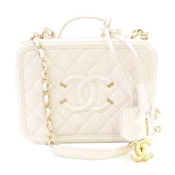CHANEL CC GHW Vanity Hand Chain Shoulder Bag Calfskin Leather A93343 White