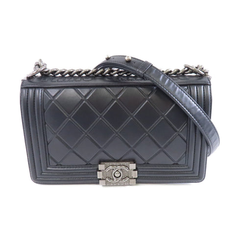 CHANEL Quilted CC SHW Paris Salzburg Boy 25 Chain Shoulder Bag Lambskin Black