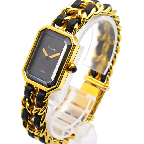 CHANEL CC Premiere L Quartz Watch H0001 Gold Plated Leather Black